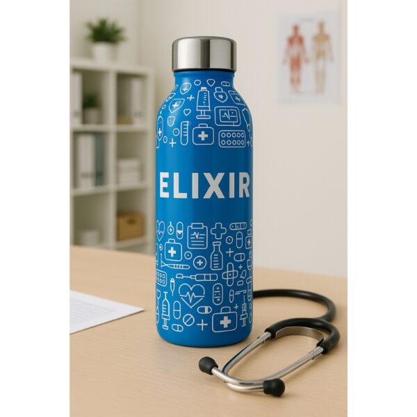 Blue stainless steel doctor water bottle with medical icon pattern and "ELIXIR" text