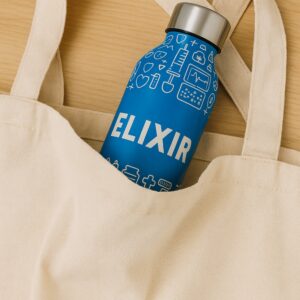 Blue stainless steel doctor water bottle with medical icon pattern and "ELIXIR" text