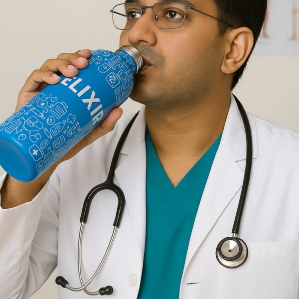Blue stainless steel doctor water bottle with medical icon pattern and "ELIXIR" text