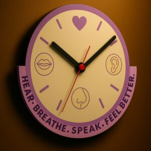 Purple-themed ENT wall clock with ear, nose, and mouth illustrations and the quote “Hear. Breathe. Speak. Feel Better.”