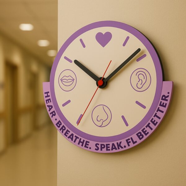 Purple-themed ENT wall clock with ear, nose, and mouth illustrations and the quote “Hear. Breathe. Speak. Feel Better.”