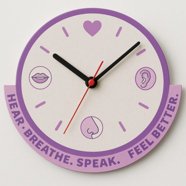 Purple-themed ENT wall clock with ear, nose, and mouth illustrations and the quote “Hear. Breathe. Speak. Feel Better.”