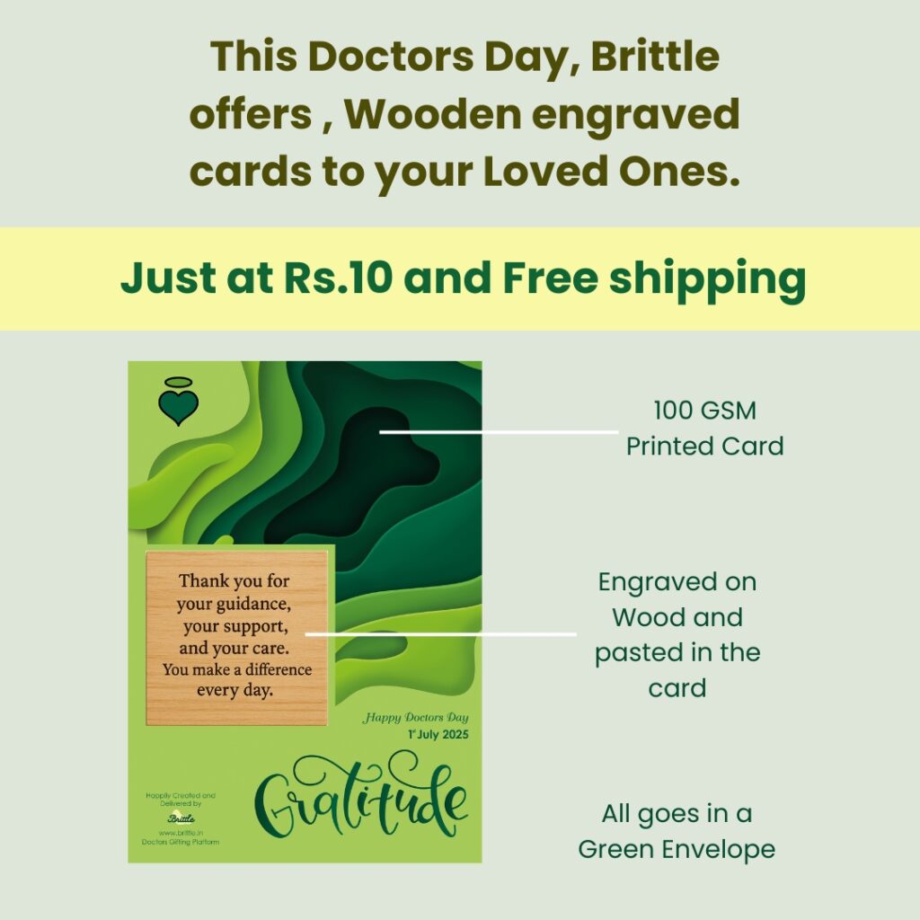 A Doctor’s Day greeting card with layered green designs, featuring a laser-engraved wooden plaque reading a gratitude message. The card is printed on premium paper and placed beside a matching green envelope.