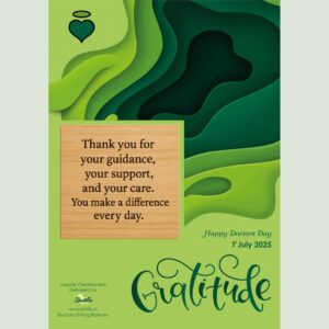 A Doctor’s Day greeting card with layered green designs, featuring a laser-engraved wooden plaque reading a gratitude message. The card is printed on premium paper and placed beside a matching green envelope.