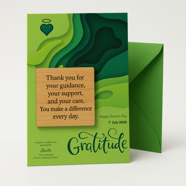 A Doctor’s Day greeting card with layered green designs, featuring a laser-engraved wooden plaque reading a gratitude message. The card is printed on premium paper and placed beside a matching green envelope.