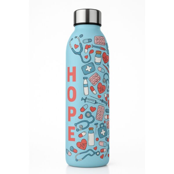 Light blue doctor bottle with HOPE text and colorful medical icons