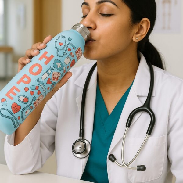Light blue doctor bottle with HOPE text and colorful medical icons