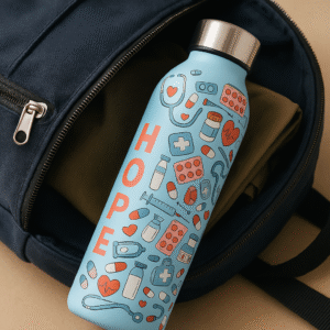 Light blue doctor bottle with HOPE text and colorful medical icons
