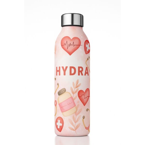 Blush pink insulated doctor water bottle with heart and stethoscope design