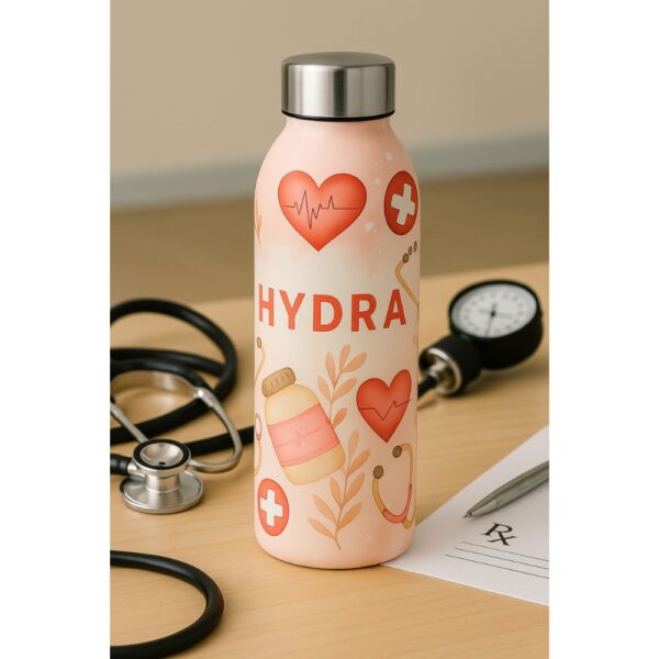 Blush pink insulated doctor water bottle with heart and stethoscope design