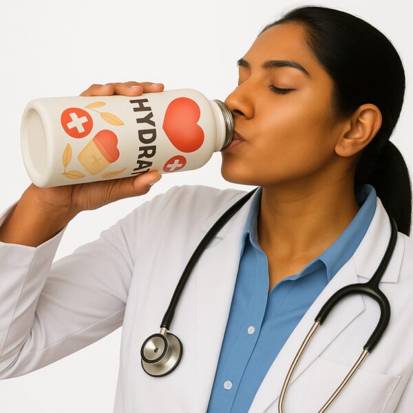 Blush pink insulated doctor water bottle with heart and stethoscope design