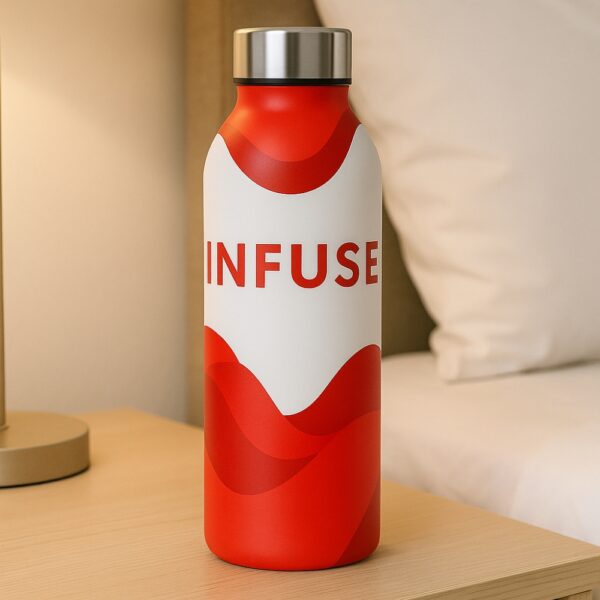 Red and white steel water bottle for doctors with “INFUSE” text and wave design