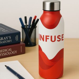Red and white steel water bottle for doctors with “INFUSE” text and wave design