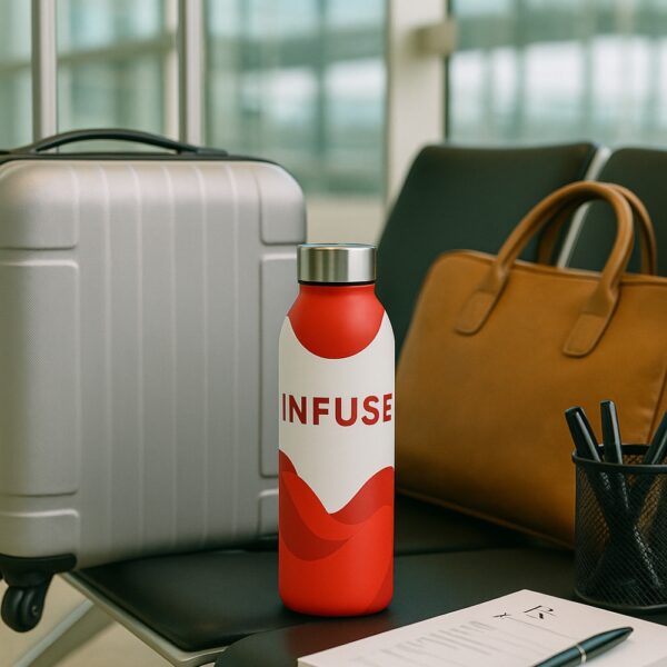 Red and white steel water bottle for doctors with “INFUSE” text and wave design