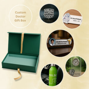 Personalised Doctor Gift Box with name board, enamel brooch, name badge, water bottle, and table clock