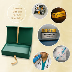 Customisable doctor gift box with name board, enamel pin, prescription pad, water bottle, and name badge