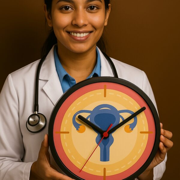Gynecology-themed wall clock featuring a stylized uterus illustration with black and red clock hands on a warm background