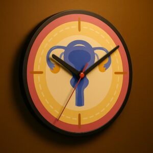 Gynecology-themed wall clock featuring a stylized uterus illustration with black and red clock hands on a warm background