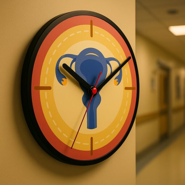 Gynecology-themed wall clock featuring a stylized uterus illustration with black and red clock hands on a warm background