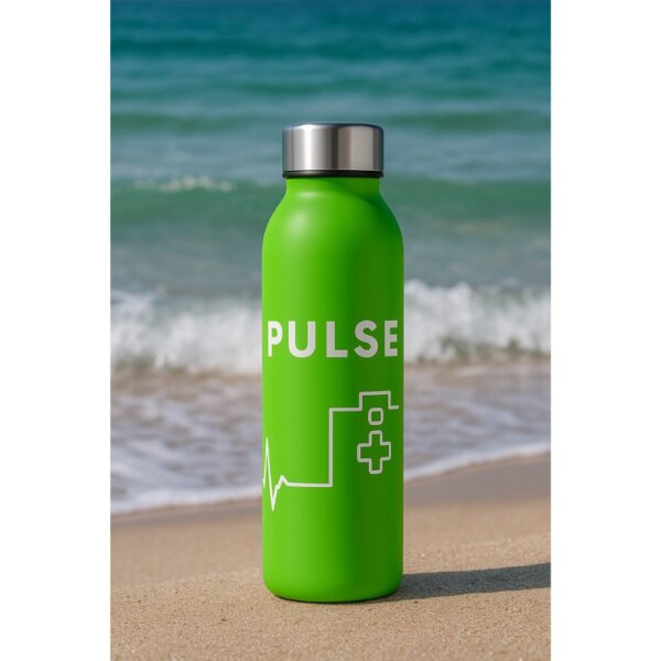 Green stainless steel bottle with pulse line and medical cross graphic for doctors