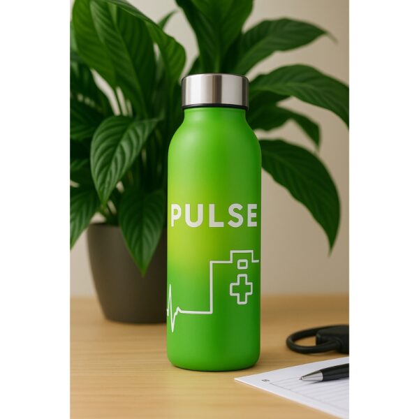 Green stainless steel bottle with pulse line and medical cross graphic for doctors
