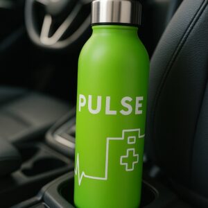 Green stainless steel bottle with pulse line and medical cross graphic for doctors