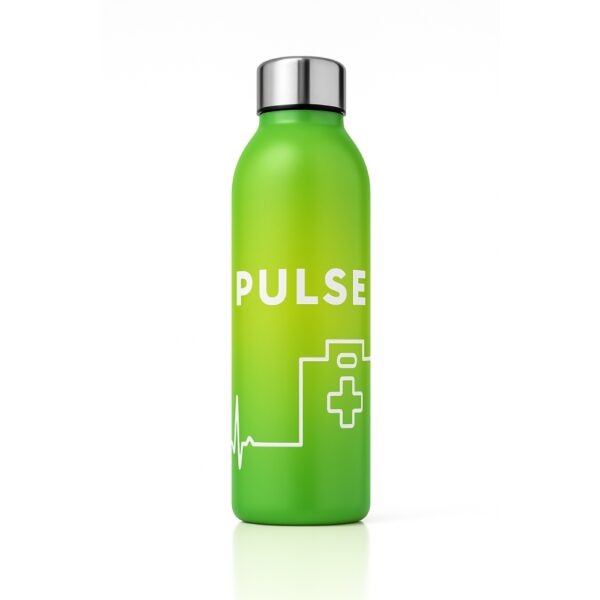 Green stainless steel bottle with pulse line and medical cross graphic for doctors
