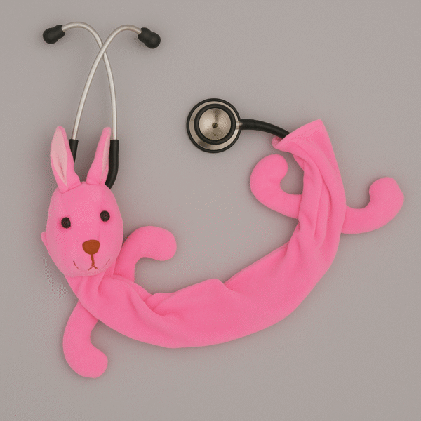 Pink bunny-themed stethoscope skin with floppy arms and long ears wrapped around a stethoscope on a plain background.