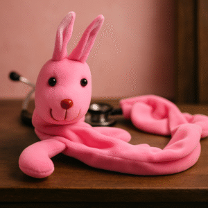 Pink bunny-themed stethoscope skin with floppy arms and long ears wrapped around a stethoscope on a plain background.