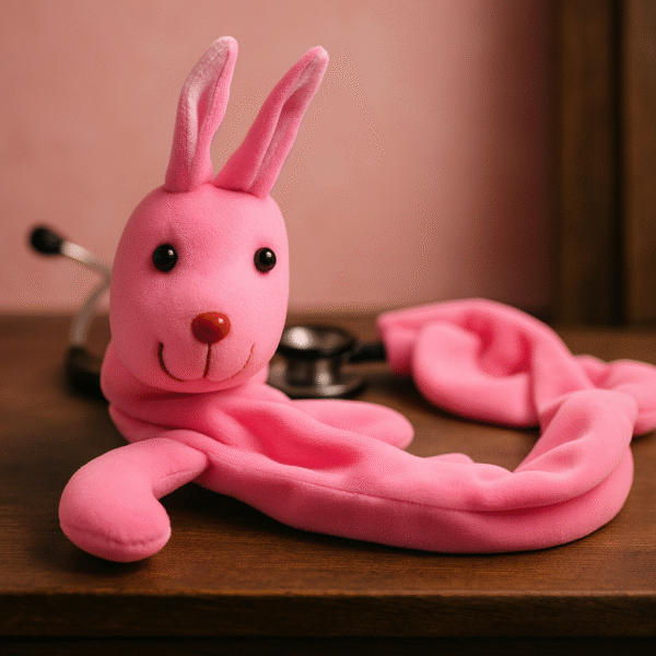 Pink bunny-themed stethoscope skin with floppy arms and long ears wrapped around a stethoscope on a plain background.