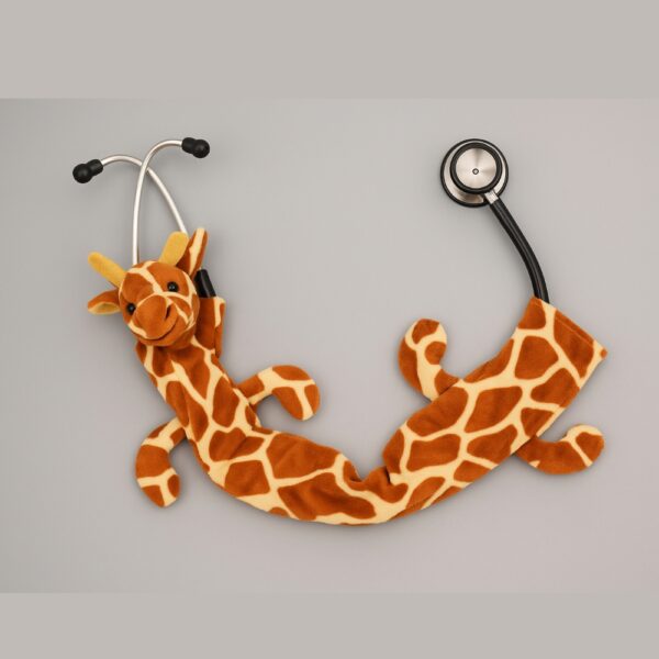 Giraffe-themed stethoscope skin with brown and yellow patterned fleece wrapped around a stethoscope.
