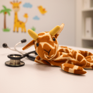 Giraffe-themed stethoscope skin with brown and yellow patterned fleece wrapped around a stethoscope.