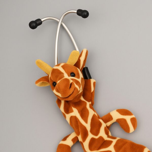Giraffe-themed stethoscope skin with brown and yellow patterned fleece wrapped around a stethoscope.