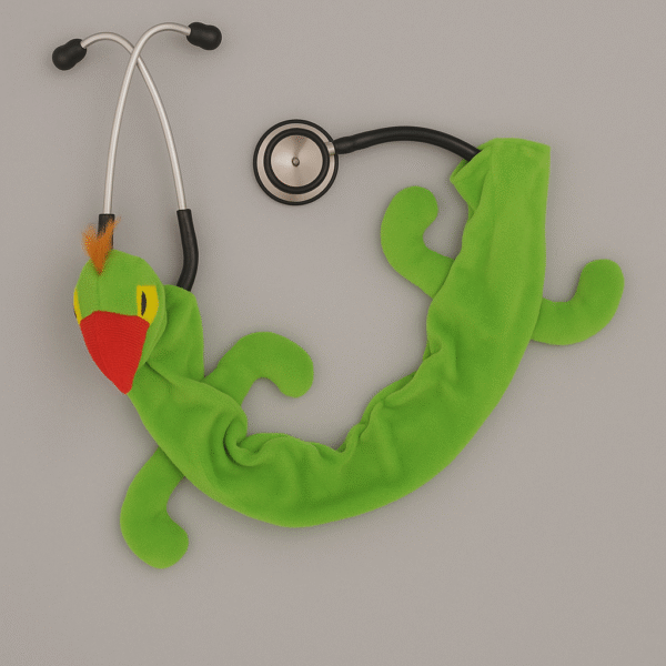 Bright green parrot-themed stethoscope skin with a red beak and tuft of feathers wrapped around a stethoscope.