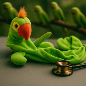 Bright green parrot-themed stethoscope skin with a red beak and tuft of feathers wrapped around a stethoscope.