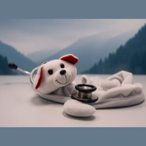 White puppy-themed stethoscope skin with floppy ears and stitched eyes wrapped around a stethoscope.