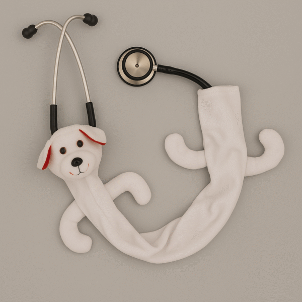 White puppy-themed stethoscope skin with floppy ears and stitched eyes wrapped around a stethoscope.