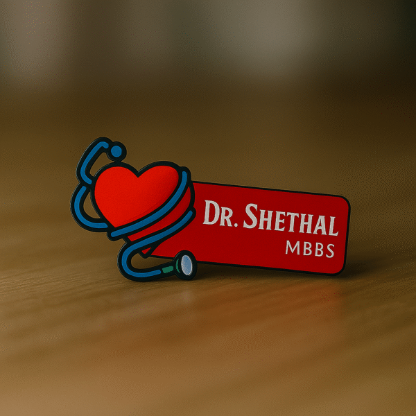Cute doctor name badge featuring a heart wrapped in a stethoscope with custom name and MBBS title on