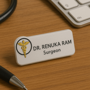 Custom name badge for surgeon with caduceus medical emblem and black text on white acrylic background