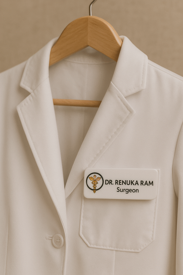 Custom name badge for surgeon with caduceus medical emblem and black text on white acrylic background