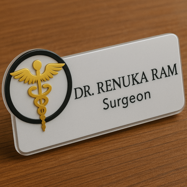 Custom name badge for surgeon with caduceus medical emblem and black text on white acrylic background
