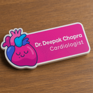 Custom name badge for cardiologist featuring a cute cartoon heart illustration and bold pink background