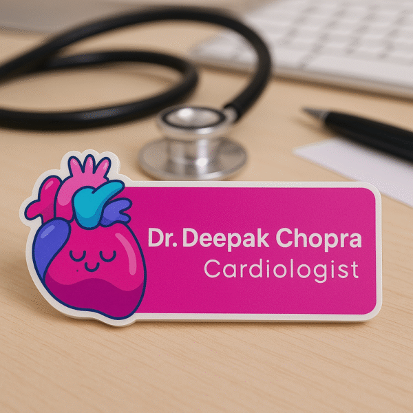 Custom name badge for cardiologist featuring a cute cartoon heart illustration and bold pink background