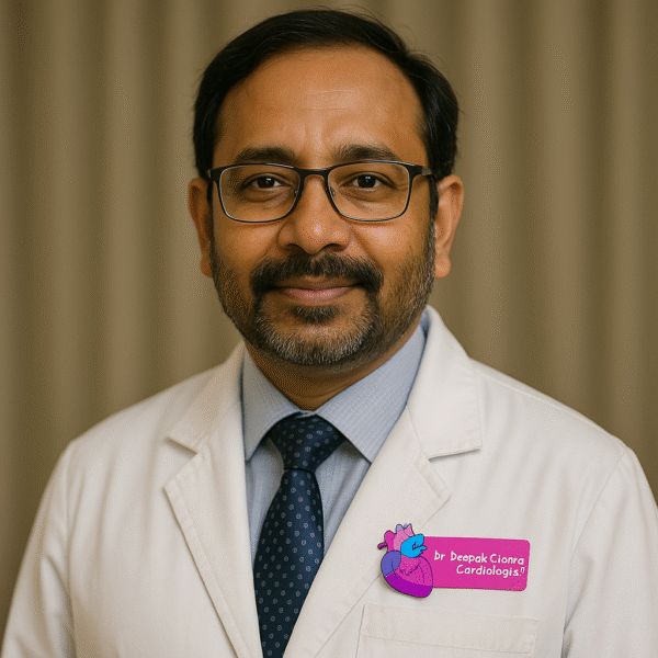 Custom name badge for cardiologist featuring a cute cartoon heart illustration and bold pink background
