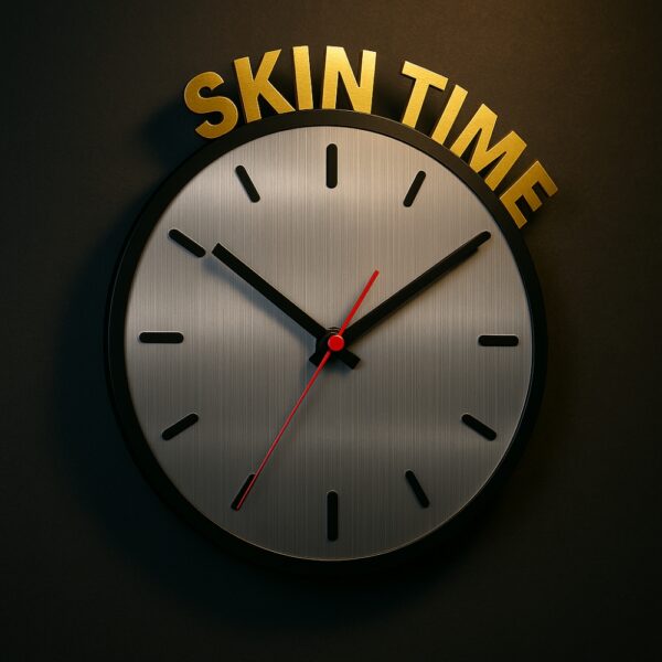 Dermatology-themed “SKIN TIME” clock with brushed silver dial and golden text, perfect for clinic walls