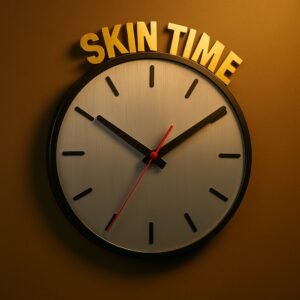 Dermatology-themed “SKIN TIME” clock with brushed silver dial and golden text, perfect for clinic walls