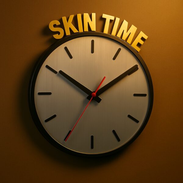 Dermatology-themed “SKIN TIME” clock with brushed silver dial and golden text, perfect for clinic walls
