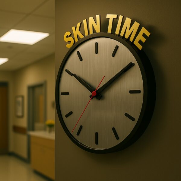 Dermatology-themed “SKIN TIME” clock with brushed silver dial and golden text, perfect for clinic walls