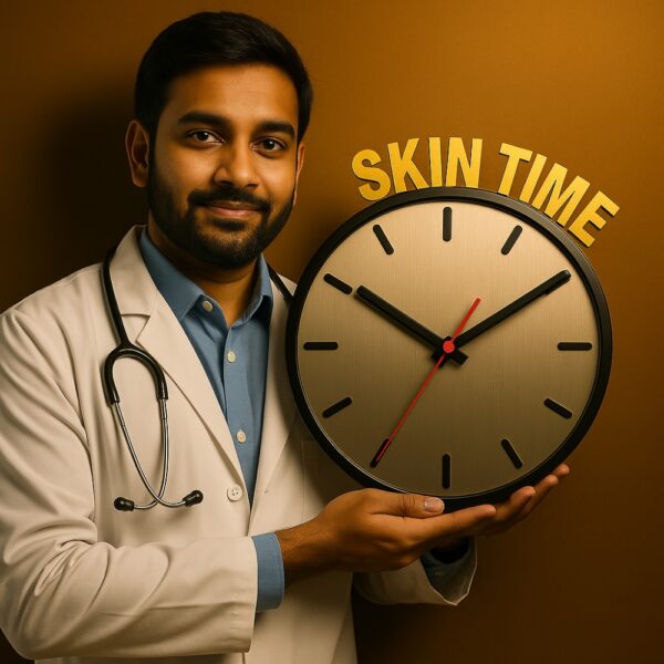Dermatology-themed “SKIN TIME” clock with brushed silver dial and golden text, perfect for clinic walls