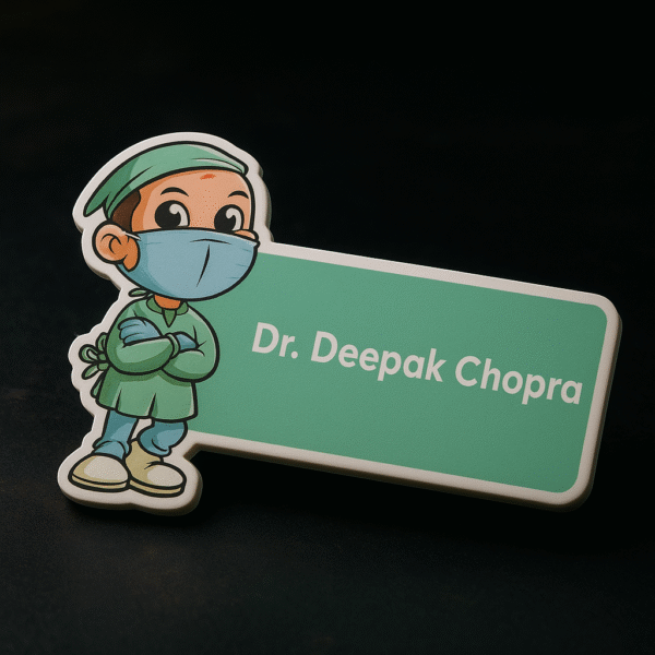Cute surgeon cartoon doctor name badge in green scrubs with custom name text on mint green background